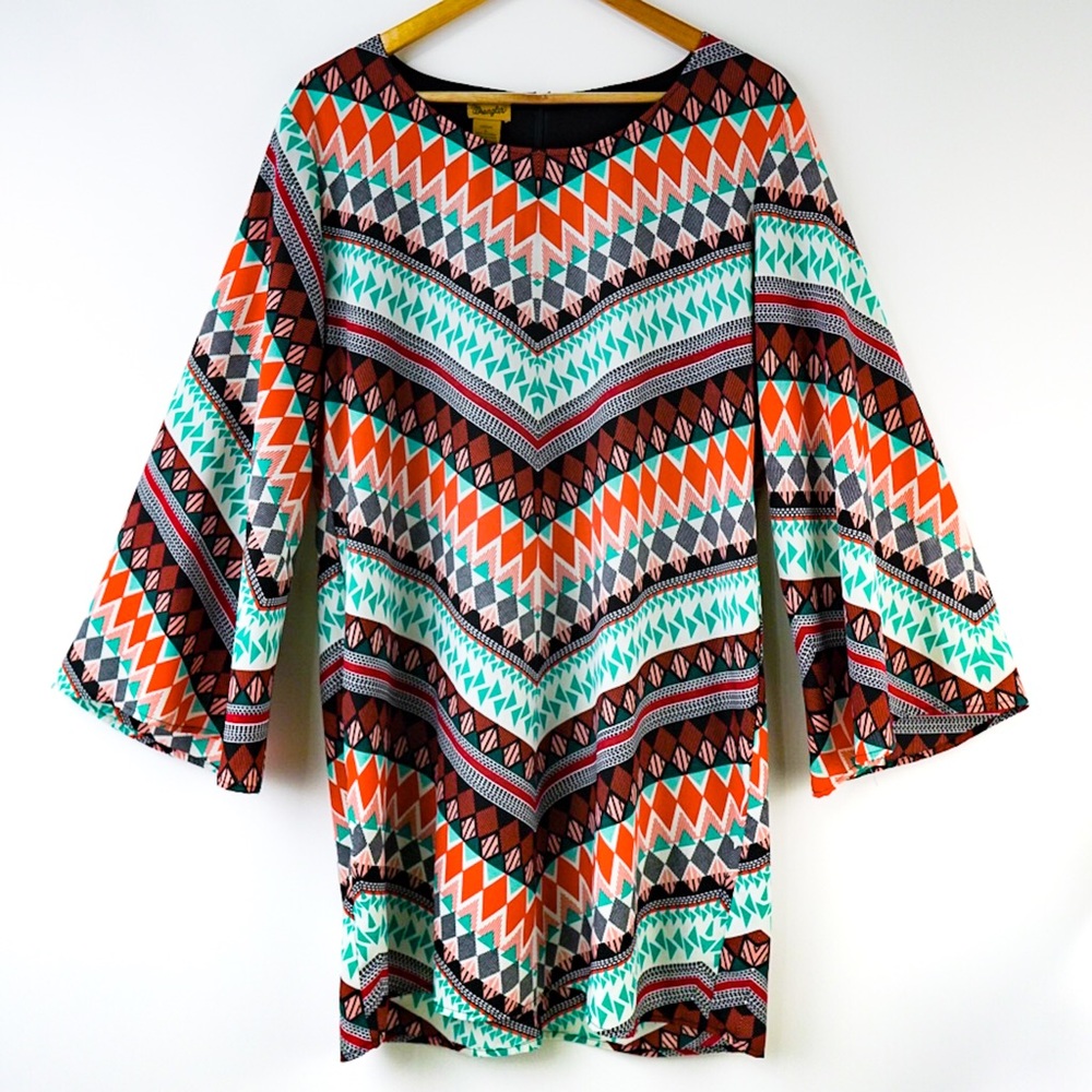 WRANGLER Bell Sleeve Southwestern Print Dress L